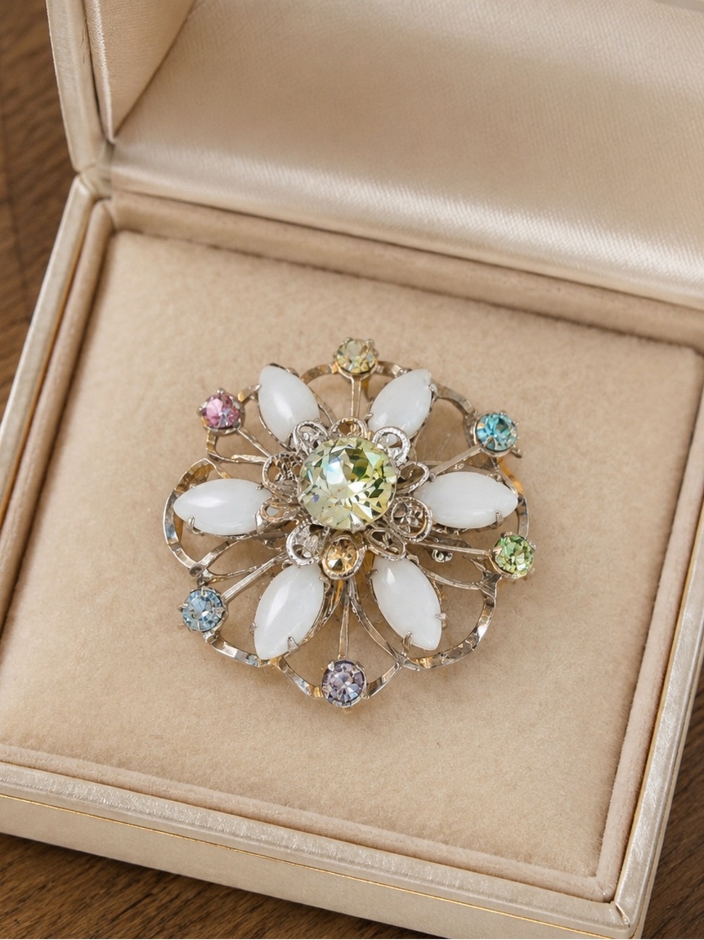 Vintage Elegant White Milk Glass & Pastel Crystal Floral Brooch - Unbranded
